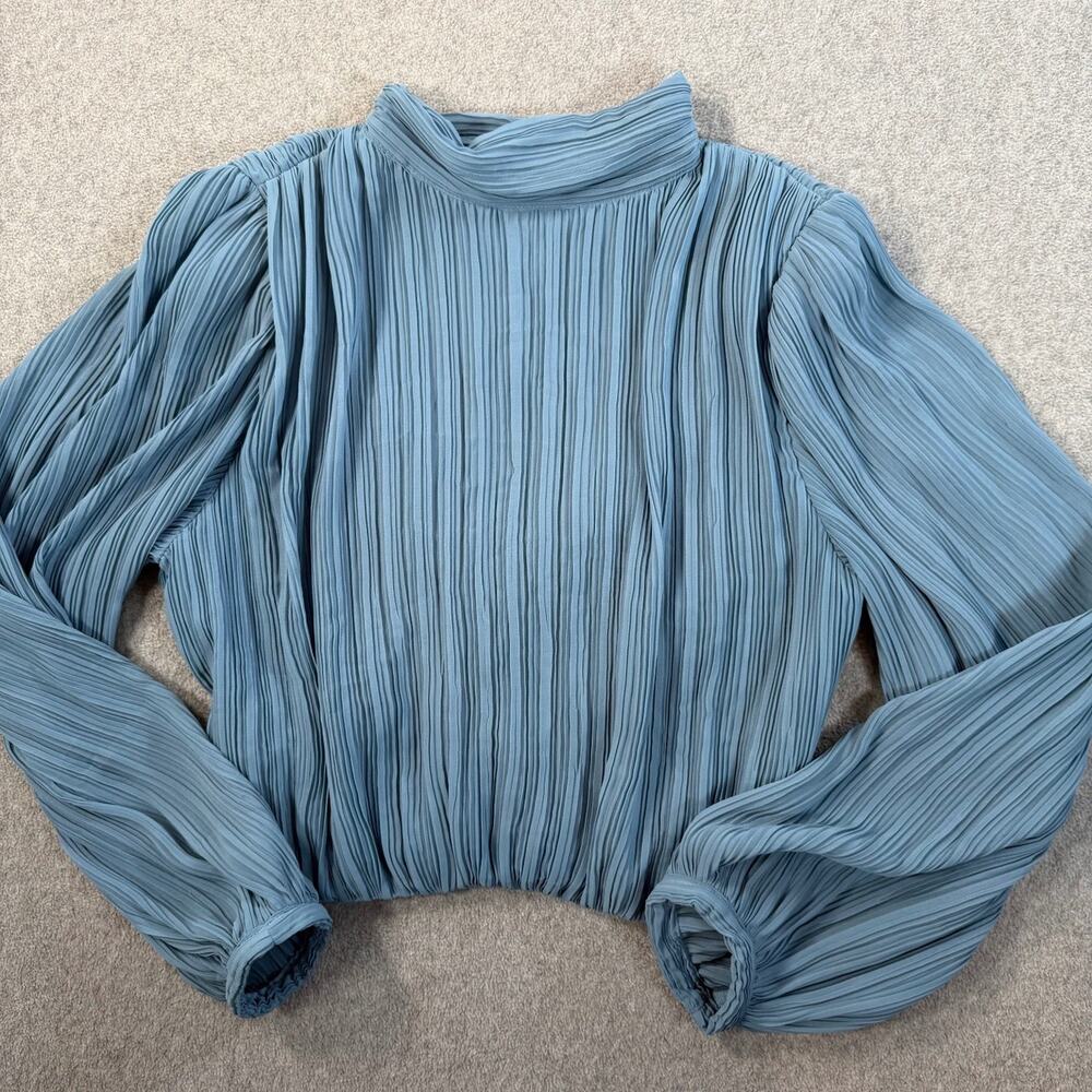 Zara Women's Small Blue Plissé Pleated Mock Neck Blouse Scoop Back Cropped Top